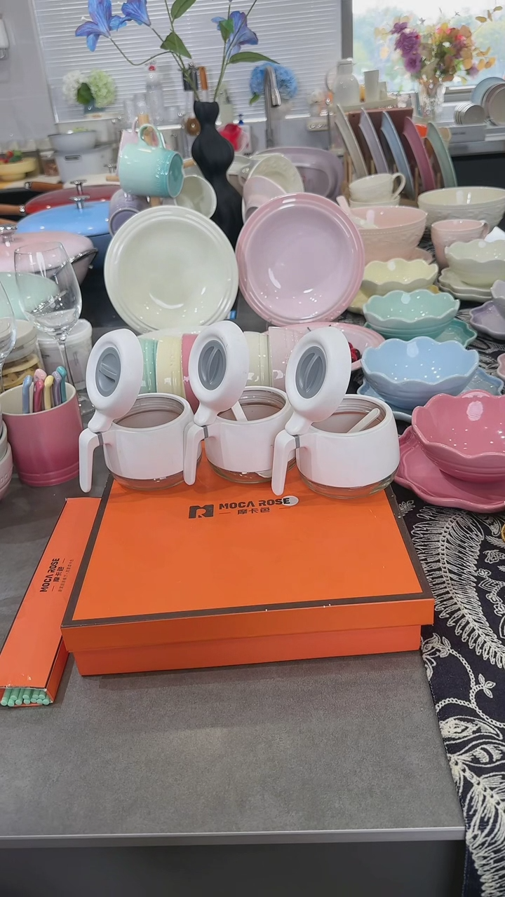 【闪购商品】瓷奶油白3个装玻璃调味罐