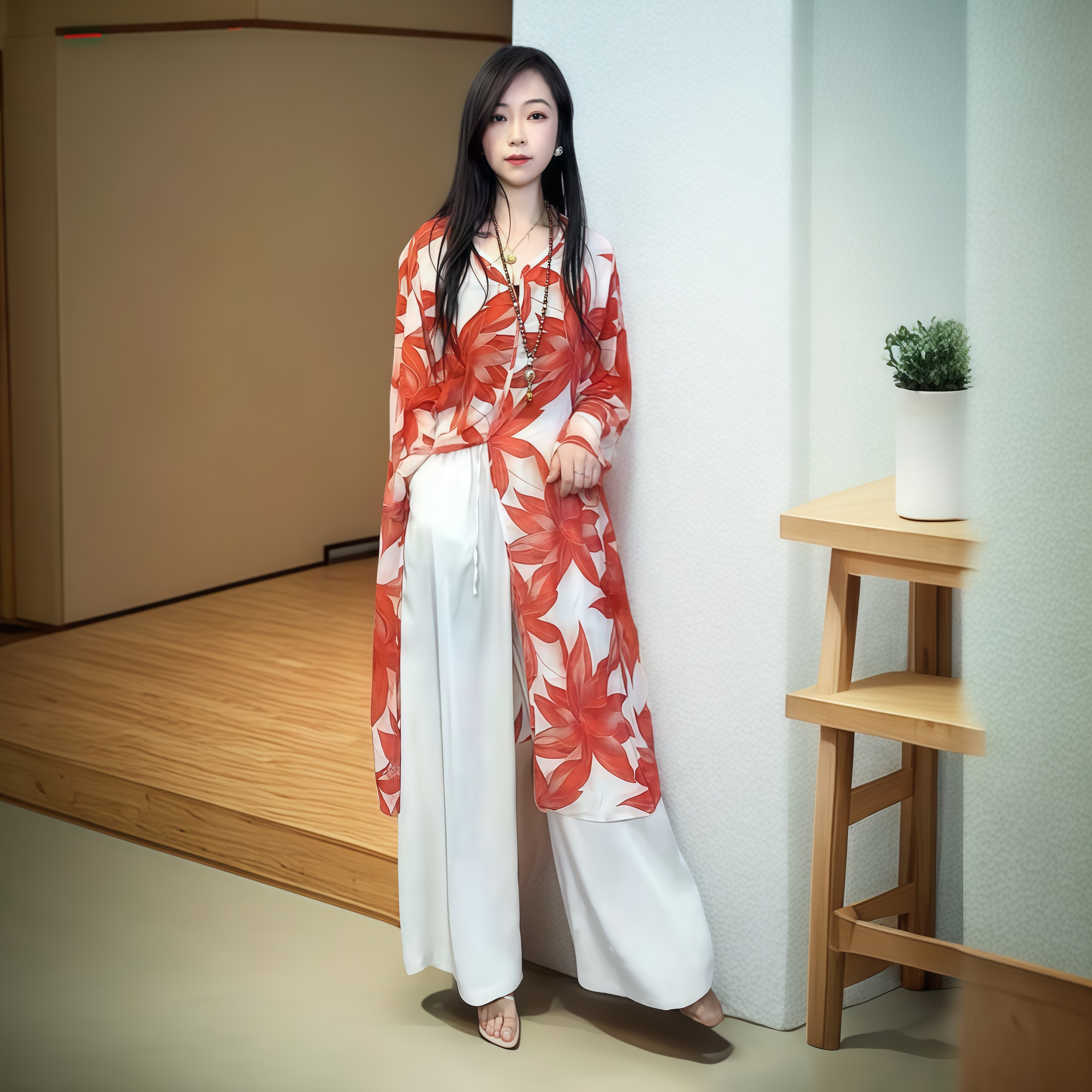 长款气质设计师轻奢百搭透气夏天罩衫0051(红枫叶)