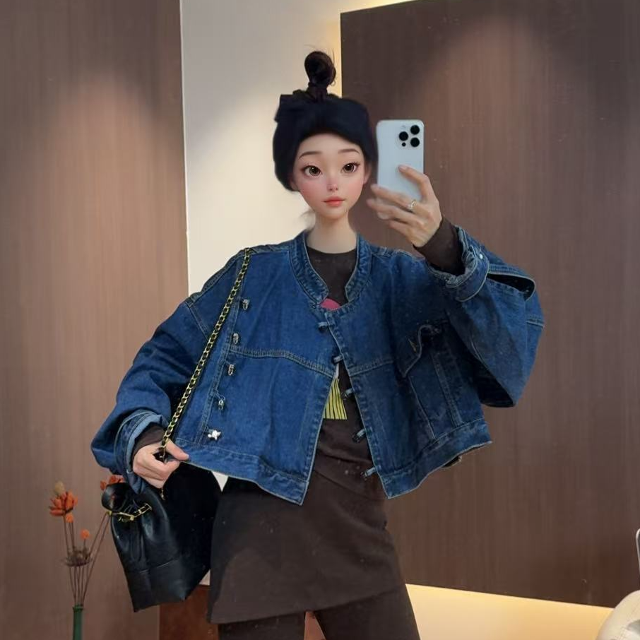 【文乐乐】秋季新款洋气重工个性盘扣时尚休闲潮流国潮牛仔外套8028