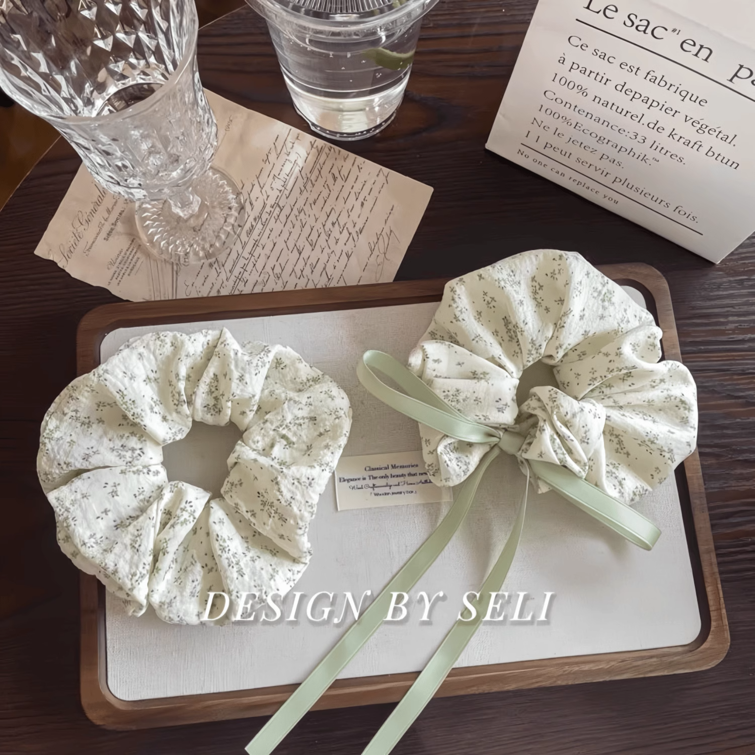 新款春夏豆沙绿色清新碎花大肠发圈纯棉蝴蝶结织带少女发绳头饰女