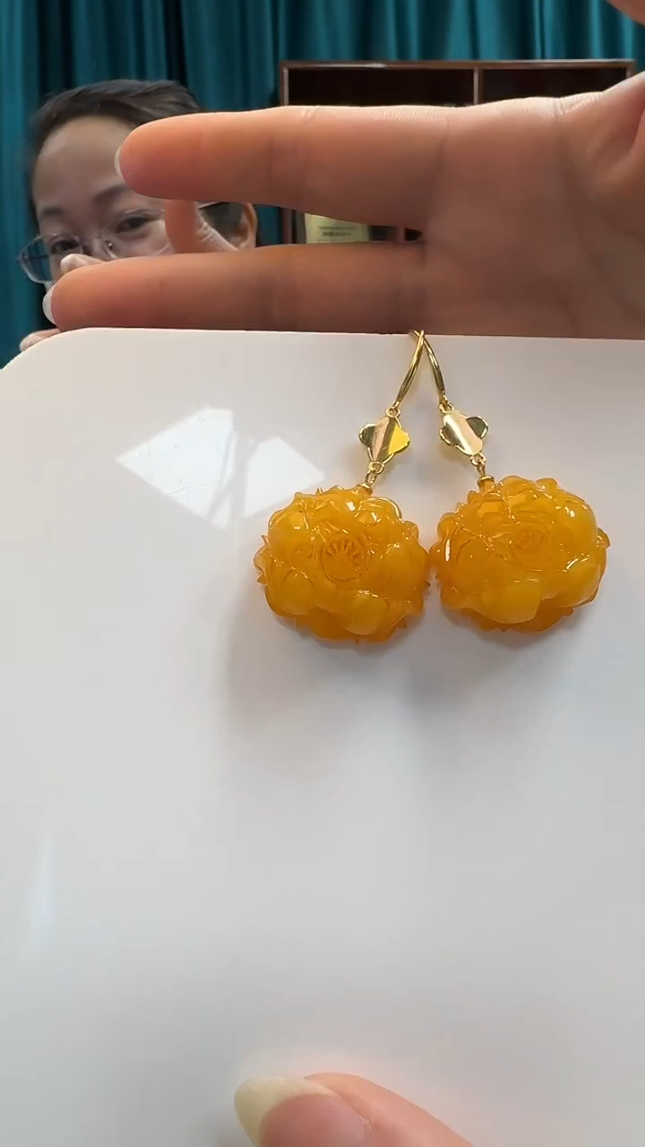 银S925镶嵌蜜蜡耳饰蜜蜡牡丹花耳坠