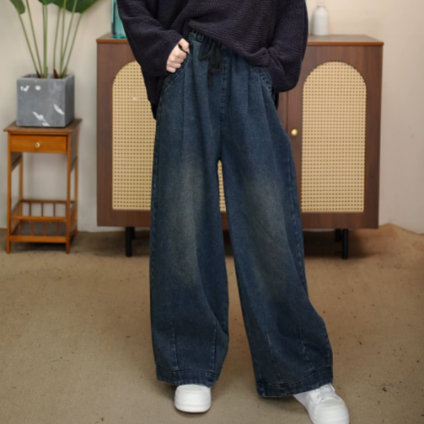 冬季新款女装宽松显瘦文艺松紧腰休闲大码百搭加绒加厚牛仔裤226