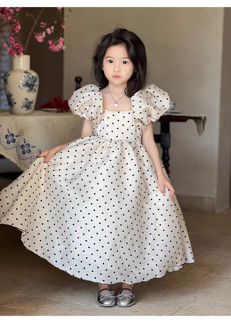 女童法式泡泡袖波点连衣裙夏季新款小女孩洋气演出礼服公主裙1105