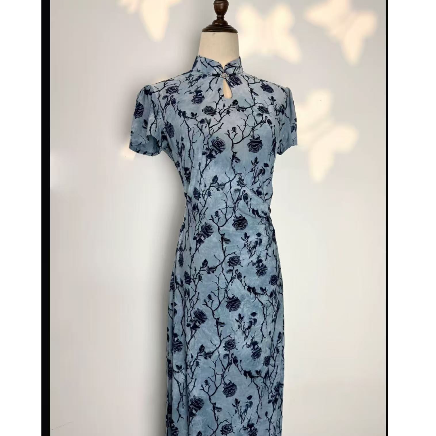 【夜未央】夏季新款植绒后拉链单层旗袍裙长度约125cm
