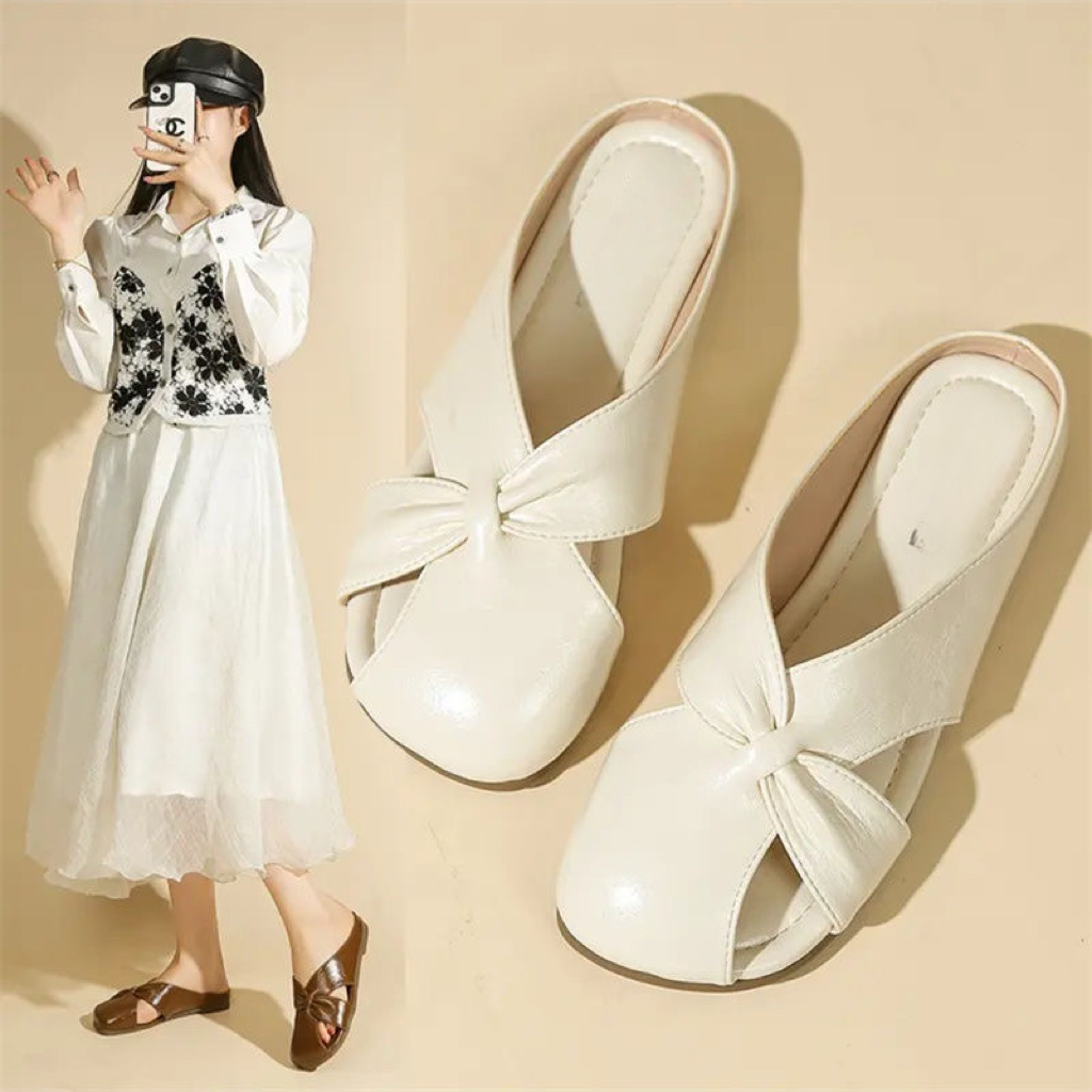 包头平跟平底浅口日常纯色包头拖玛丽珍欧若智性风