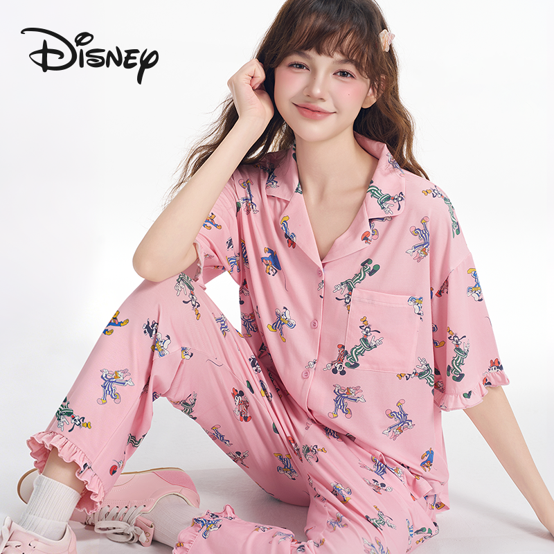 Disney/迪士尼卡通短袖长裤女莫代尔粉色夏季宽松家居服睡衣套装