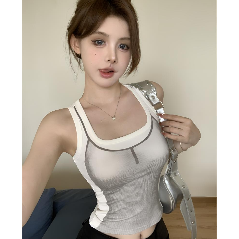 美式复古吊带女夏季辣妹印花背心无袖t恤修身收腰显瘦短款上衣潮