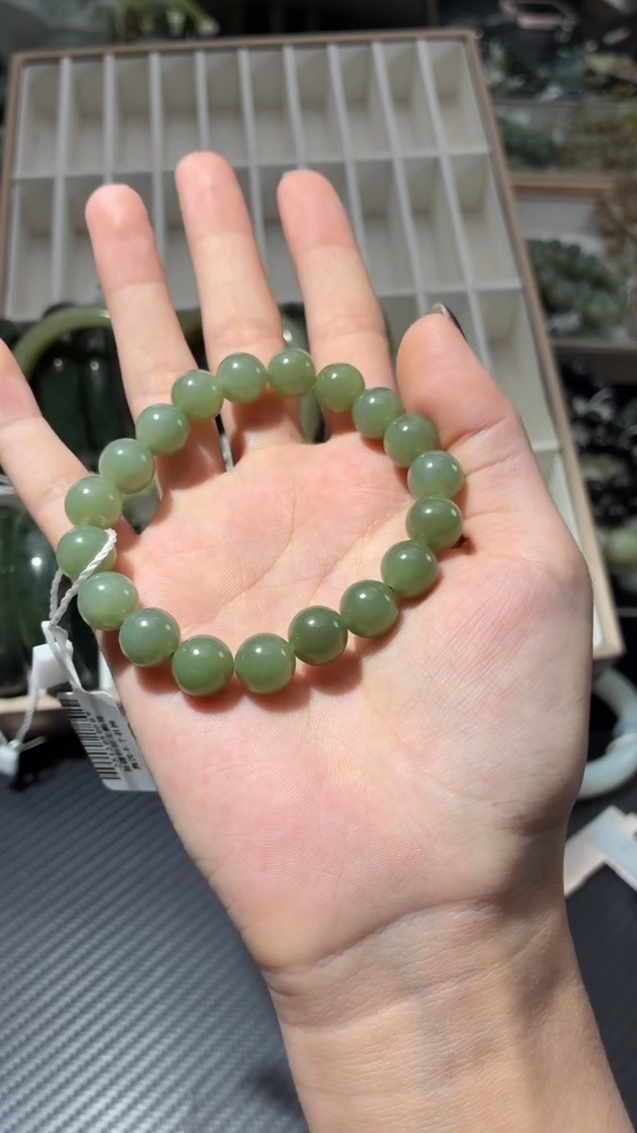 未镶嵌手串和田玉若羌青玉微色差卡10圆珠手串