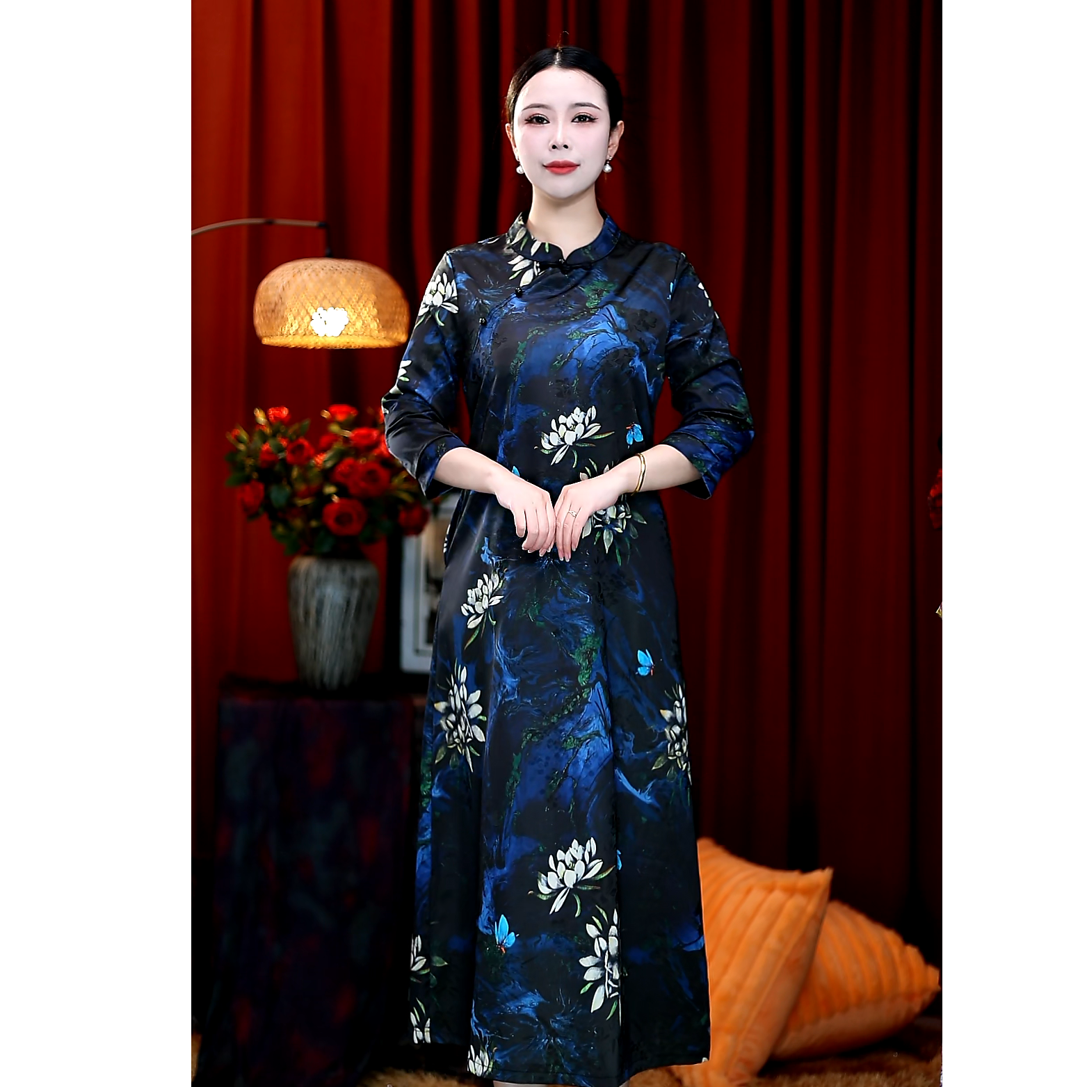 （蓝莲花）连衣裙A字裙提花复古秋季旗袍裙植物花卉中长款日常