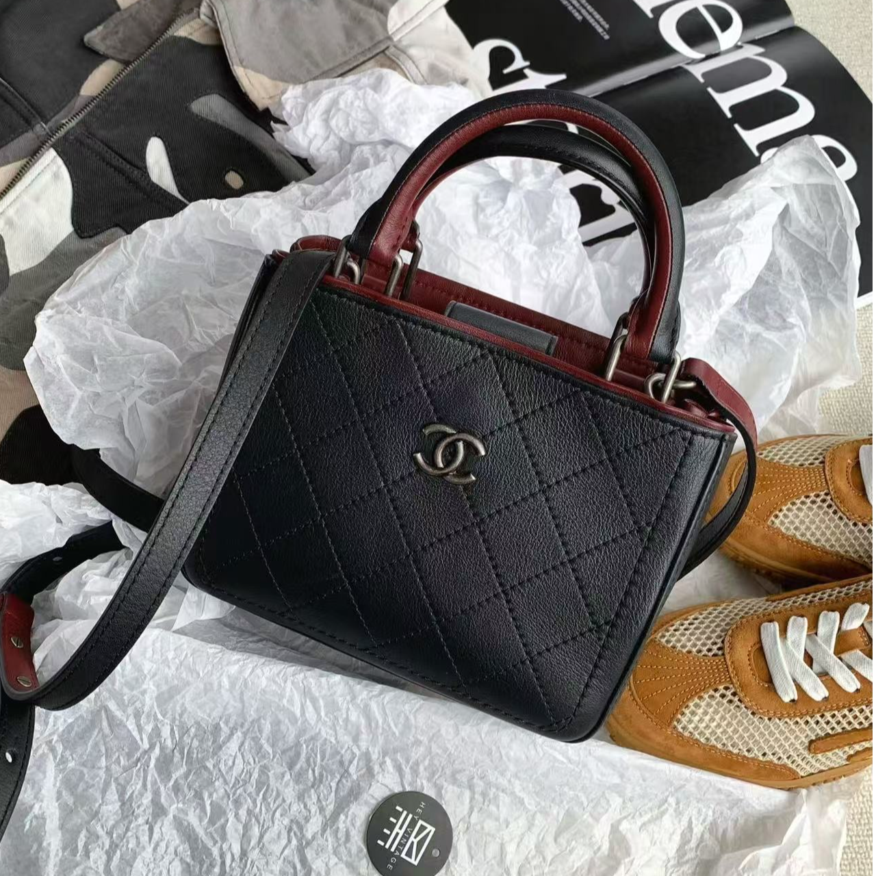 95新 Chanel/香奈儿 黑银菱格mini 托特包 20cm 18731696