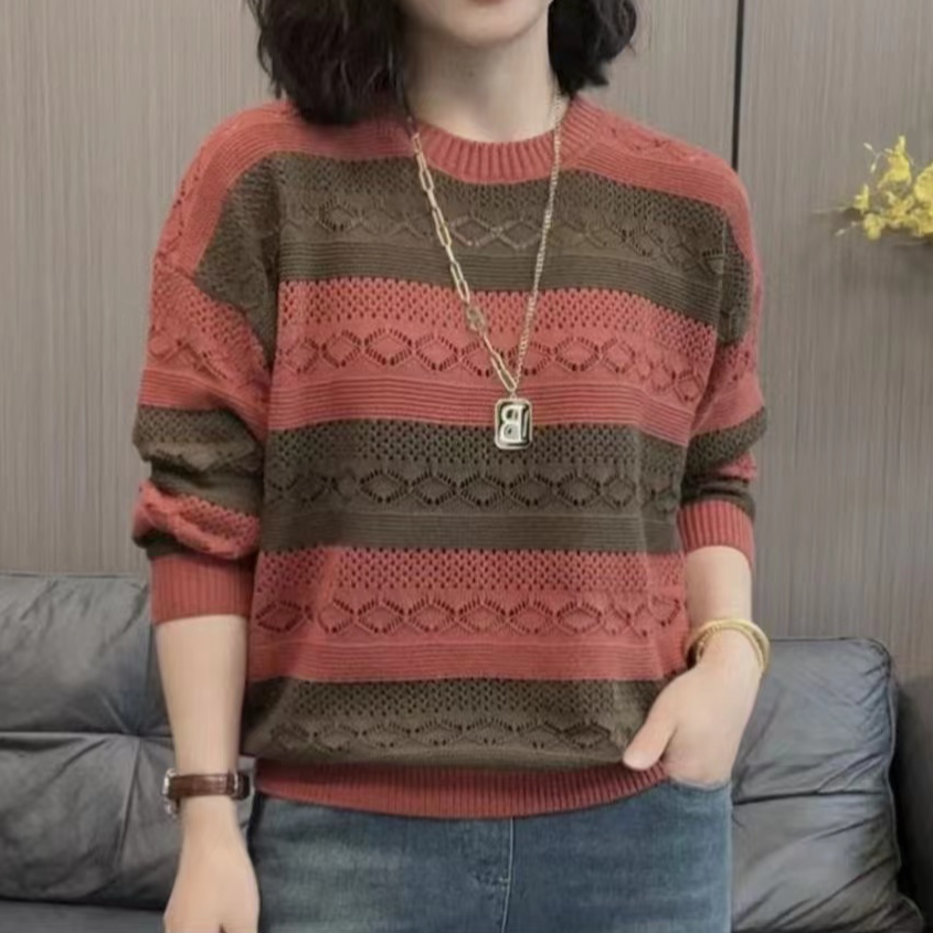 薄款针织衫女2025新款春季洋气韩版百搭宽松显瘦圆领长袖镂空上衣商品图