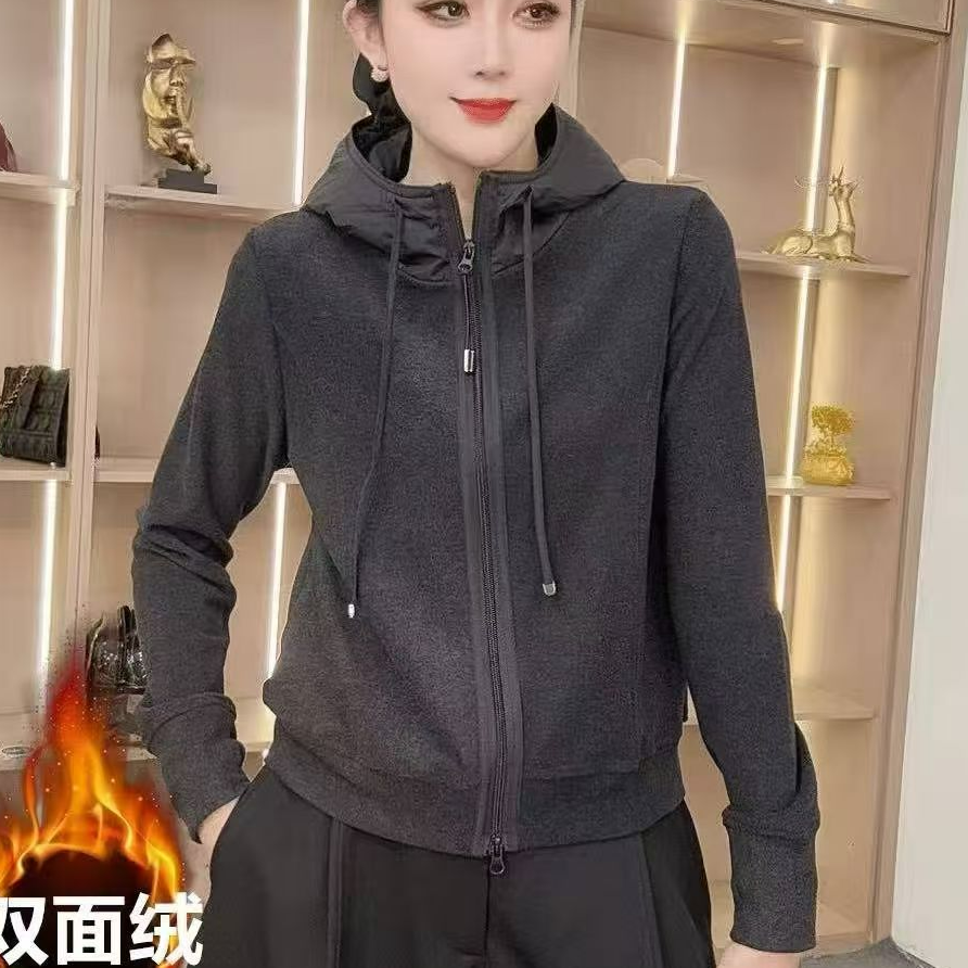 小鑫肝@现货浮力双面绒拼接连帽抽绳减龄时尚百搭外套 6808