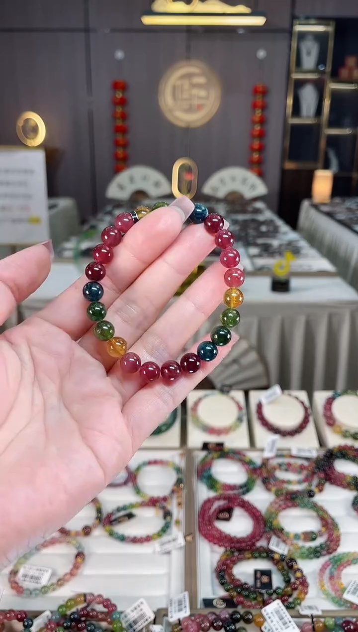 未镶嵌冰透体老矿色标碧玺彩虹单圈手串7mm+碧玺hon多样性发一条