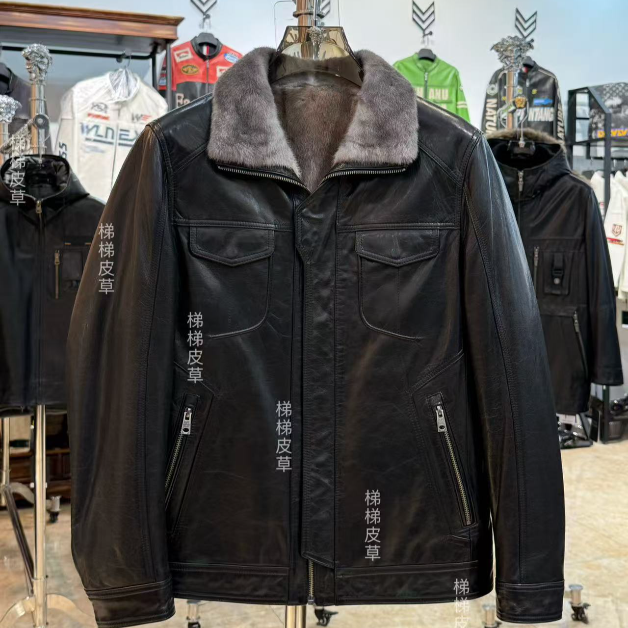 男士真皮山羊皮皮貂一体水貂银兰原色内胆轻奢休闲23159现货黑色