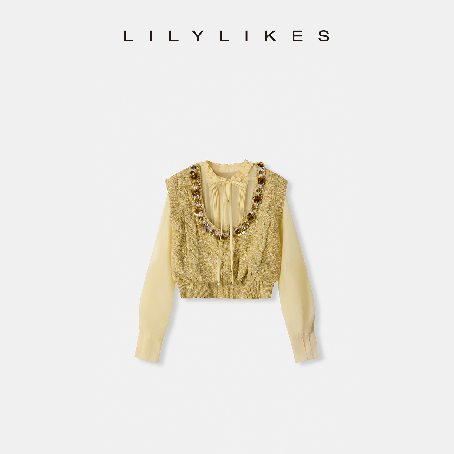 【LILYLIKES】金绵羊毛花纱混纺钉珠亮片毛织背心绑带假两件衬衫