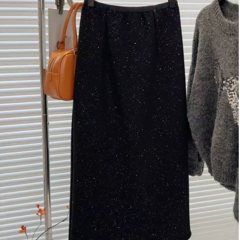 高腰亮片毛呢半身裙女秋冬季2025新款松紧腰中长款直筒裙N8ZY1316