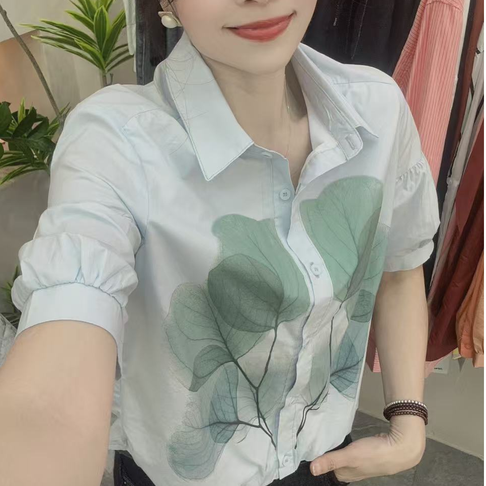 【秀家】夏季新款衬衫短袖树叶扎染时尚开衫