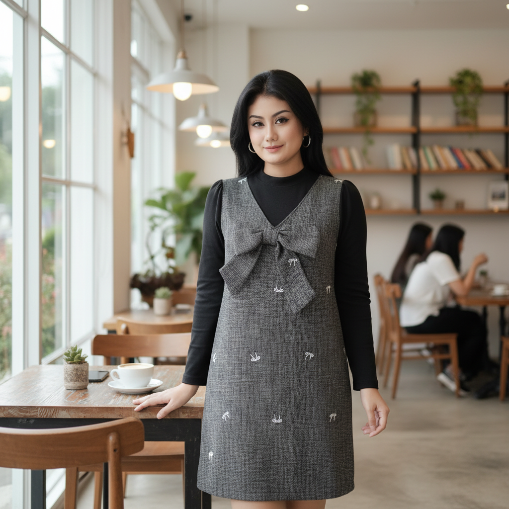 甜辣风潮牌女装小香风秋冬黑色时尚连衣裙假两件气质显瘦