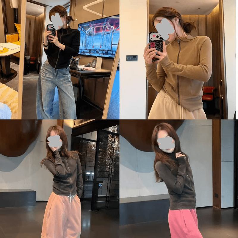 修身显瘦立领拉链长袖上衣女2025冬季新款小众设计极简风短外套