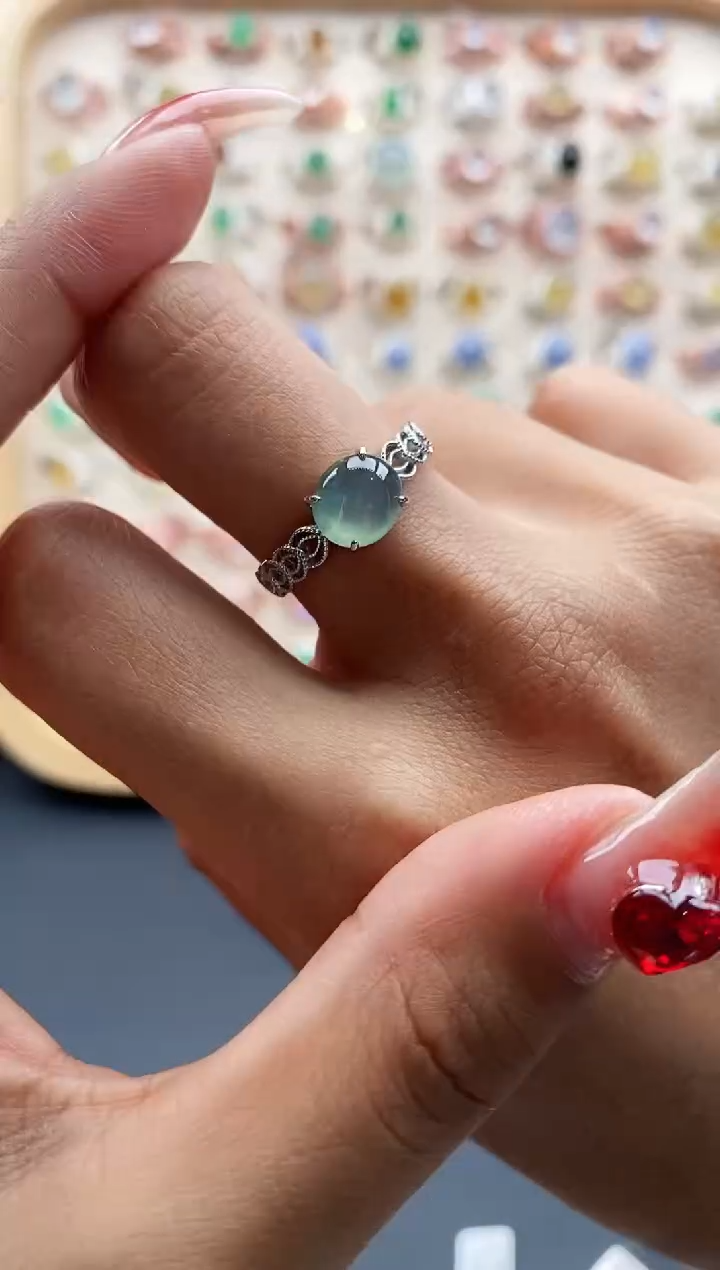 【闪购商品】翡翠戒指银S925镶嵌缅甸天然A货翡翠111 3+