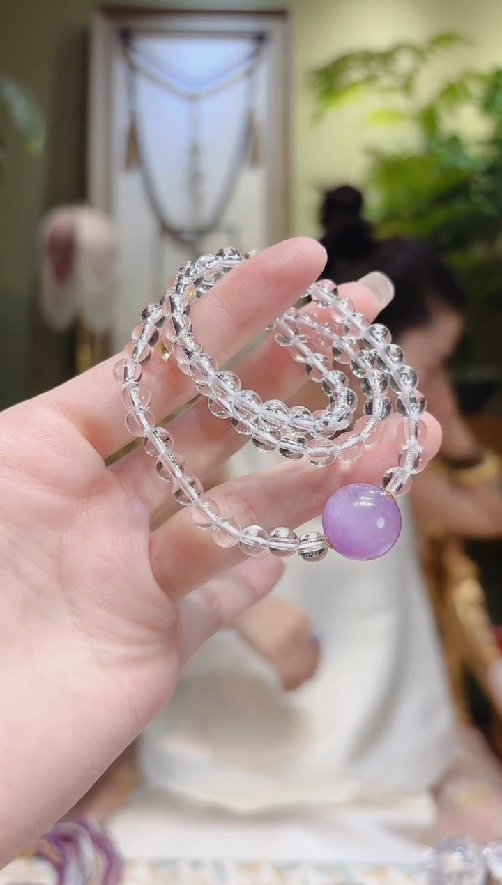 【闪购商品】水晶手串18K金镶嵌紫锂辉顶珠白水晶项链