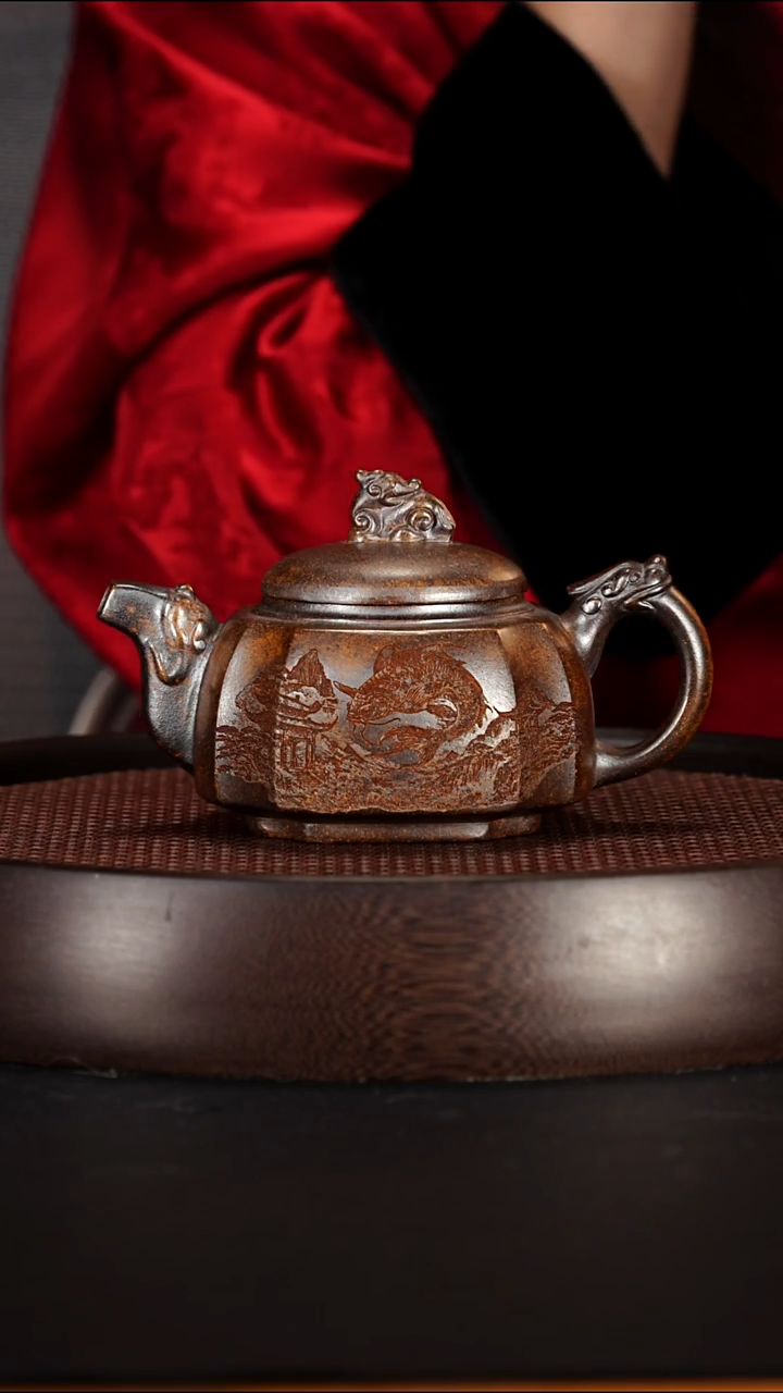 茶壶紫砂宜兴紫砂壶龙骨金砂柴烧四方龙尊280cc
