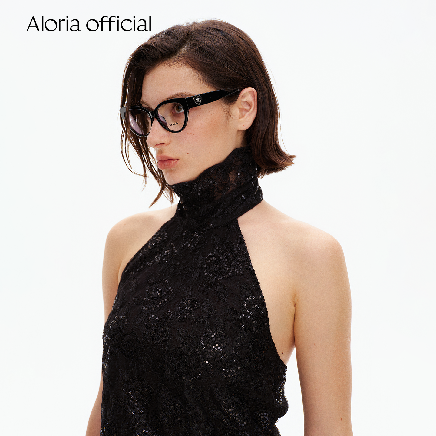 Aloria official 花瓣领提花亮片蕾丝时髦 挂脖露背收腰吊带上衣