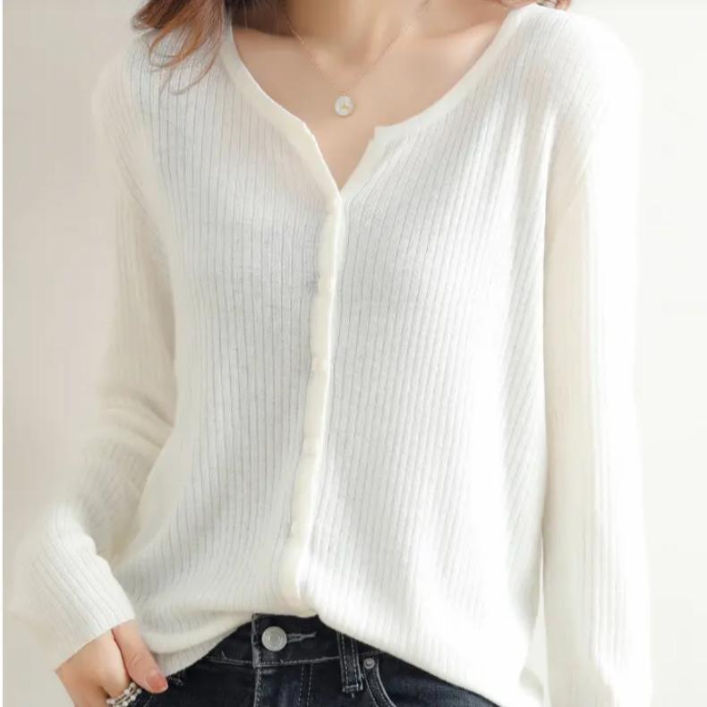 亚麻贝壳扣肌理贝壳扣外穿薄款纯色V领针织慵懒风毛衣