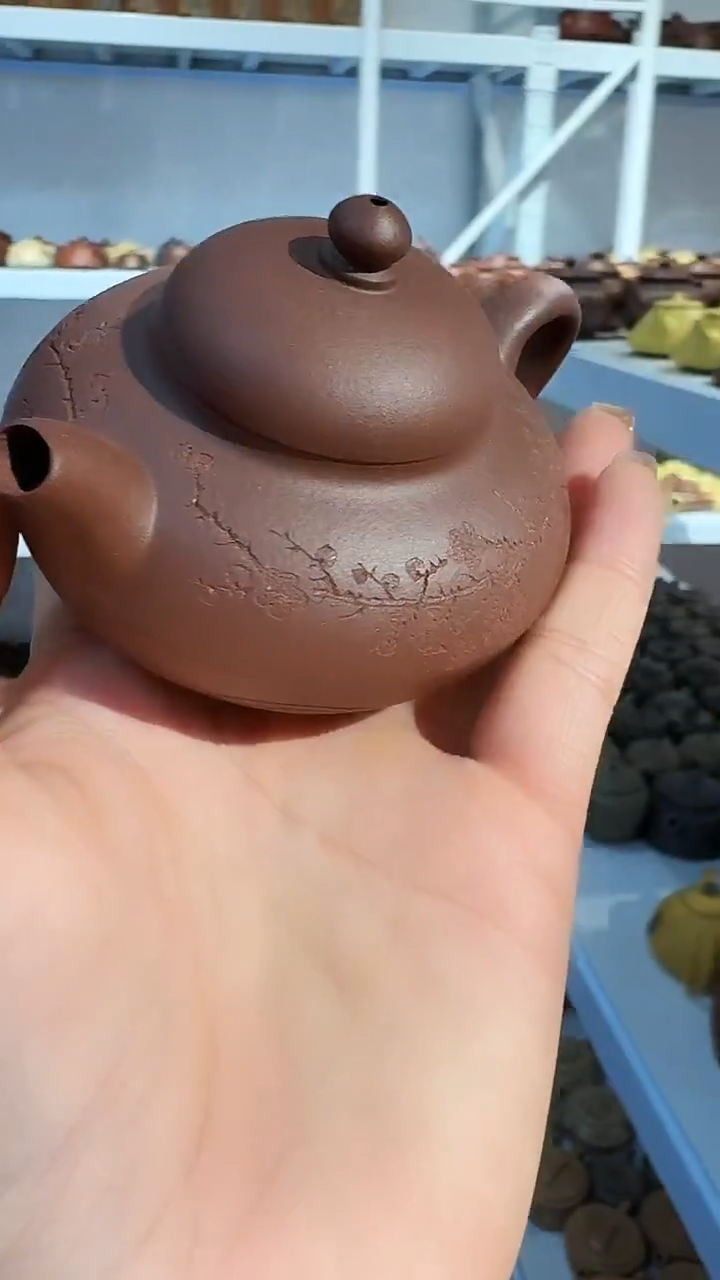 茶壶紫砂紫泥刻绘合欢