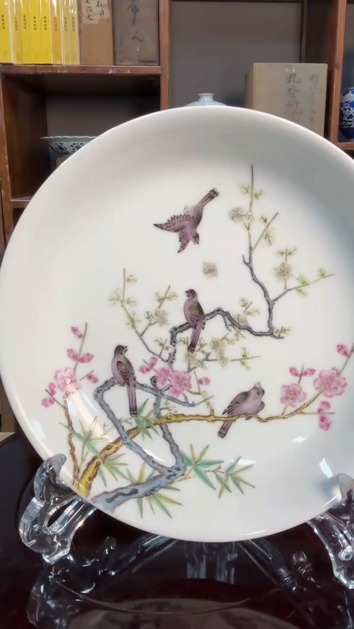 花鸟陶瓷盘胭脂红