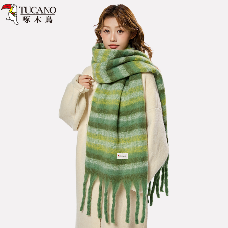 啄木鳥条纹围巾秋冬季女2025新款高级感美拉德复古加厚保暖围脖男