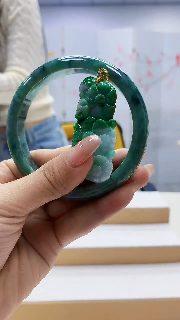 未镶嵌定制翡翠3495ty-毛货手镯+挂件（圈口64）33