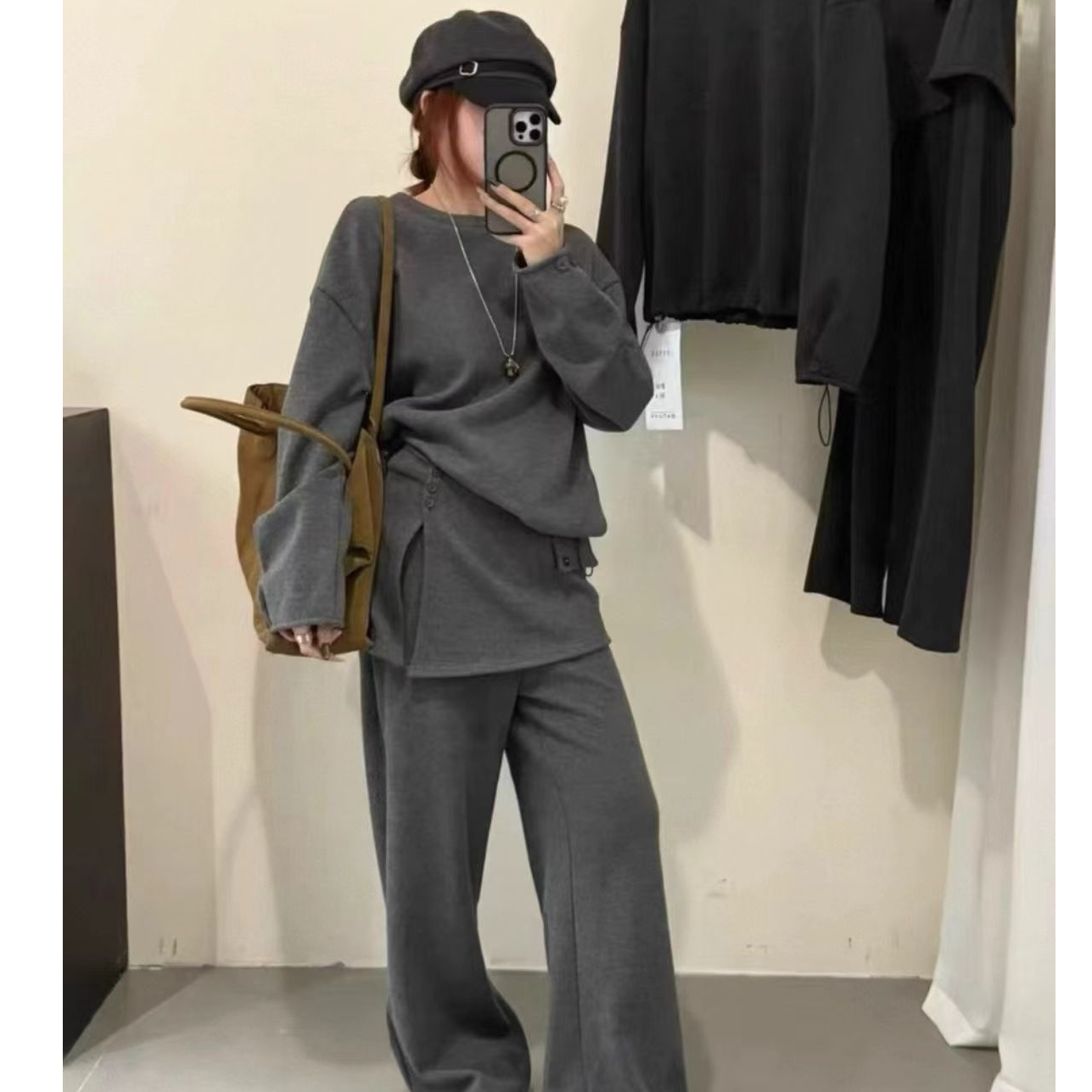【欢喜SS】冬季极简纯色可拆卸屁帘抽绳上衣灰色时尚加绒保暖两件套
