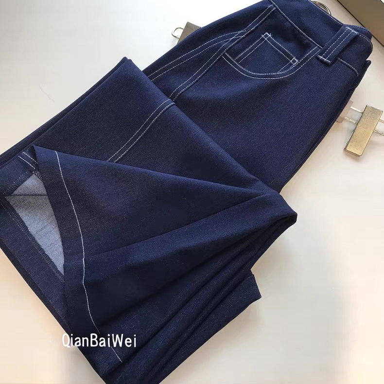千百蔚休闲风秋季高腰蓝色学院风牛仔直筒休闲裤高街穿搭牛仔长裤