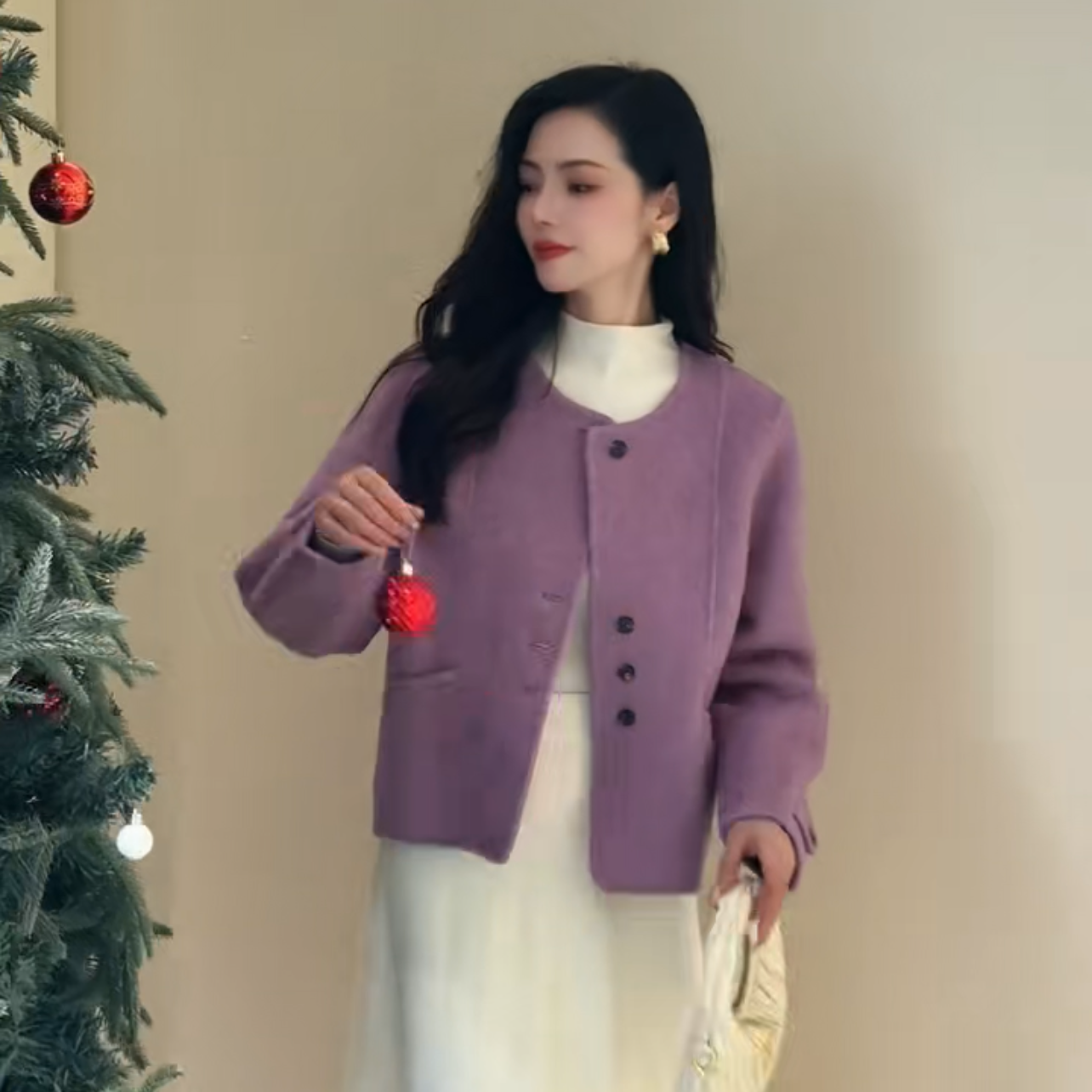 宽松型气质百搭秋冬羊毛外套圆领长袖褶皱常规