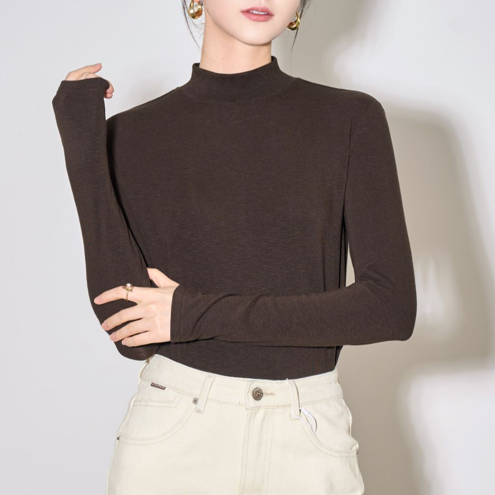 竹节棉薄款半高领长袖简约打底衫纯色百搭可外穿透气AW9