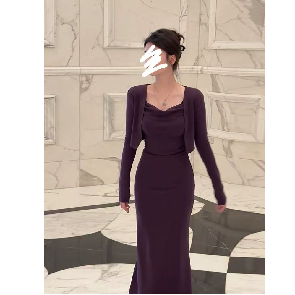 2025秋季新款慵懒感两件套收腰修身显瘦吊带连衣裙女气质长裙