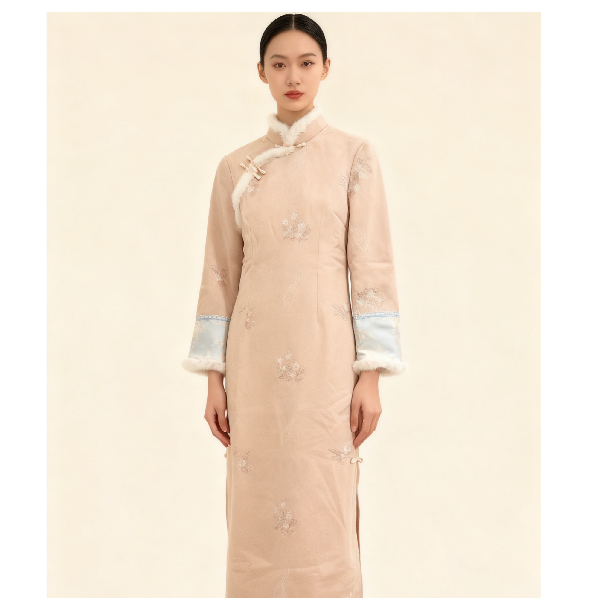 蜉蝣记冬季中国风刺绣毛领长袖女士低开衩新中式一字扣旗袍