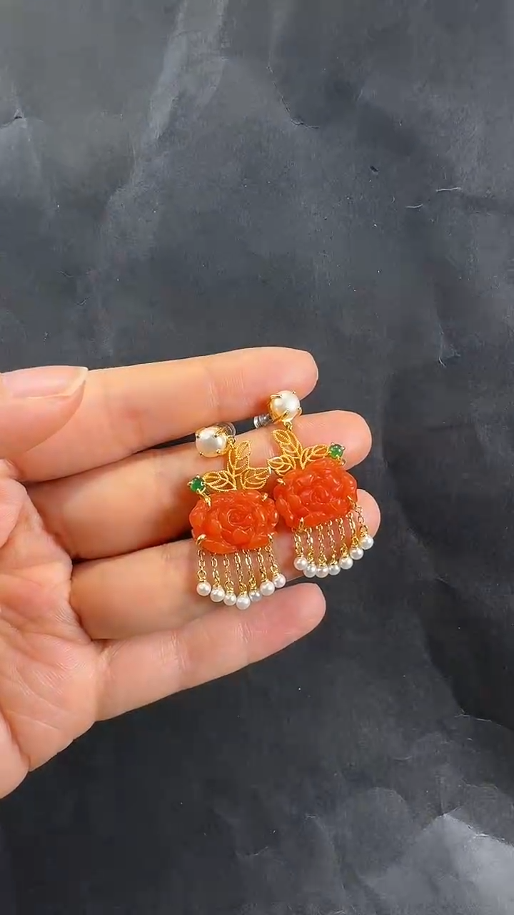 银S925镶嵌南红玛瑙耳饰耳坠