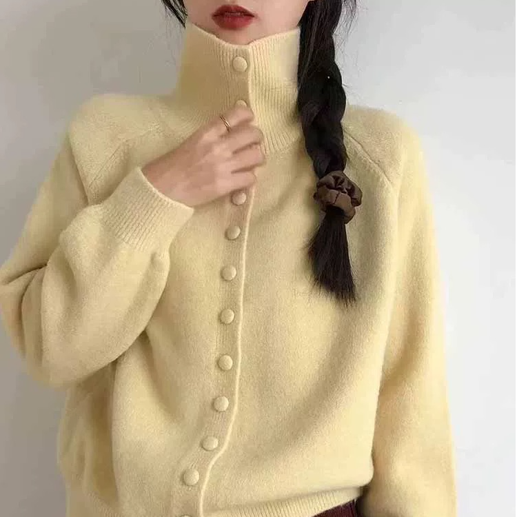 温柔风高领单排扣软糯毛衣开衫女秋冬韩系开衫