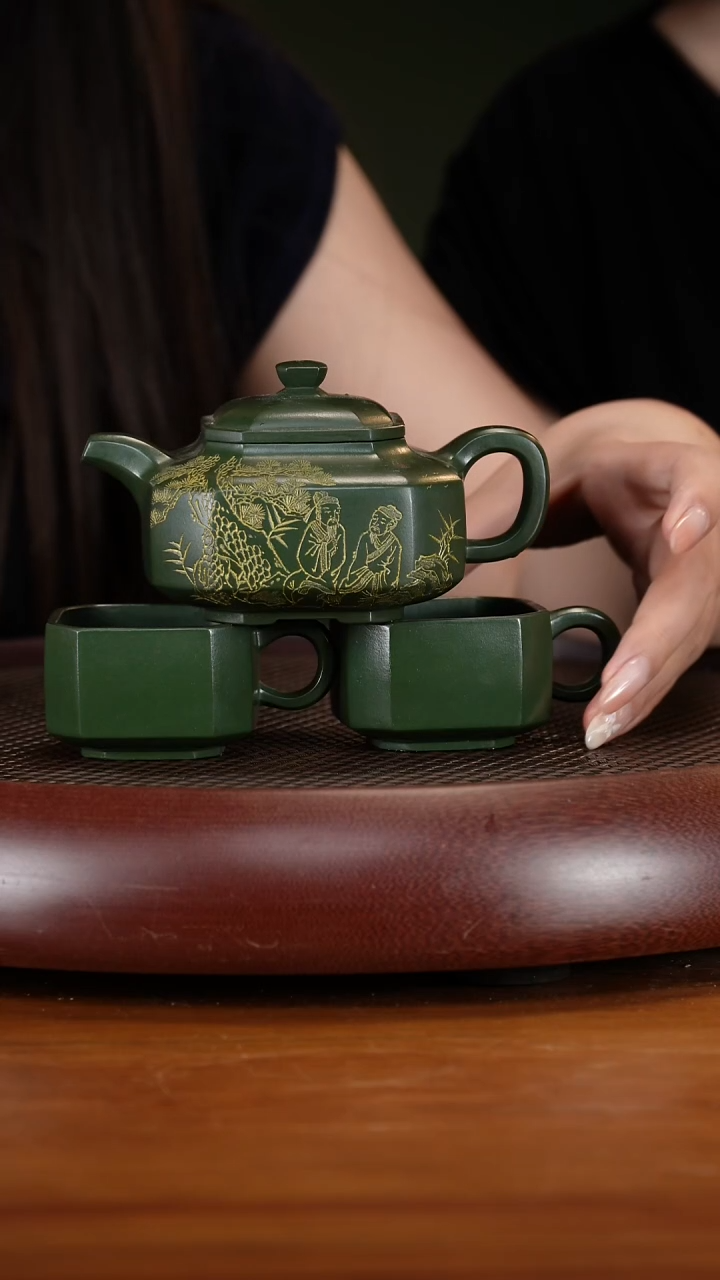 茶壶紫砂42WHJ矮八方套组 景舟绿泥200c