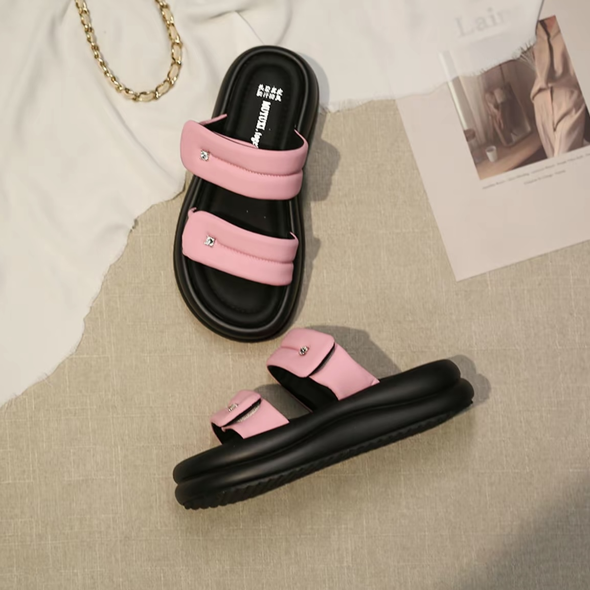 软底踩屎时尚厚底拖鞋女2025夏外穿感百搭魔术贴休闲海边沙滩1008