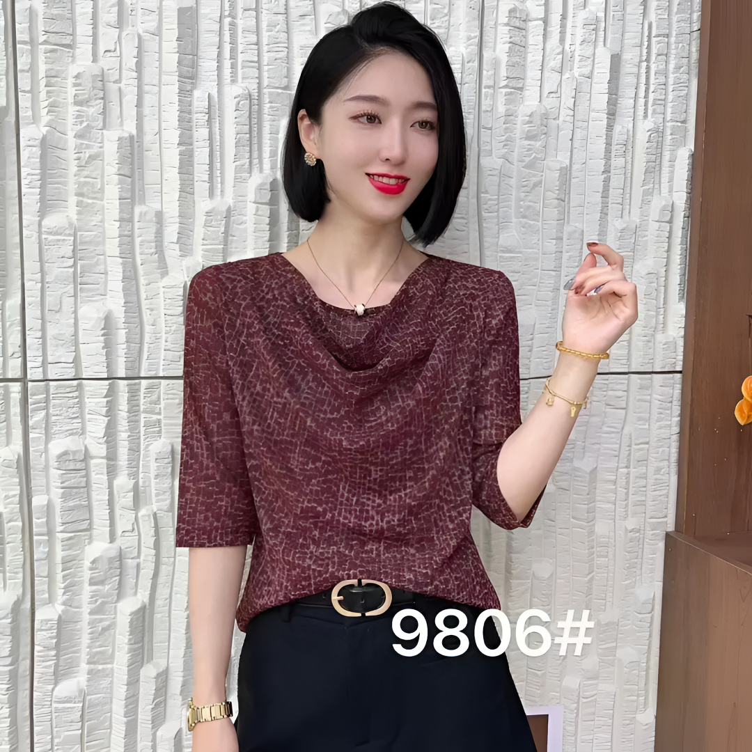 2025年早秋新款时尚堆堆领修身印花T恤修身上衣#9806