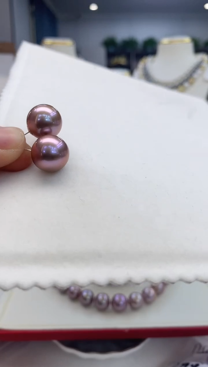 【闪购商品】淡水珍珠耳饰18K金镶嵌淡水耳钉紫罗兰13-14