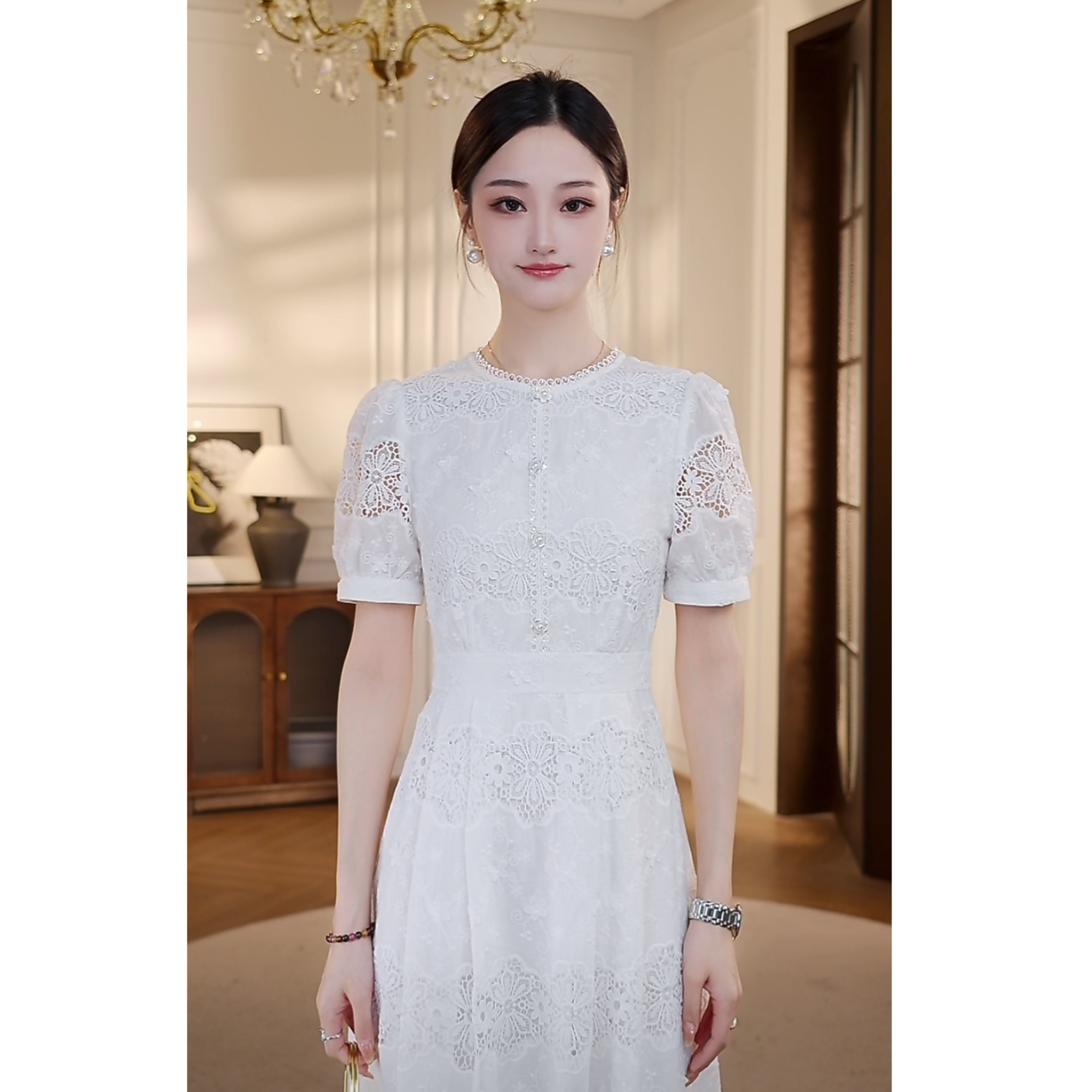 【双双&GERTCOREL】浮云织梦 优雅气质镂空勾花连衣裙 XJ252L1029