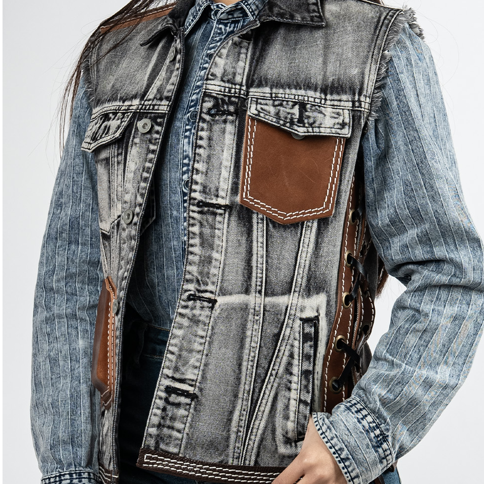 PJL2025新款牛仔时尚款式牛皮拼接穿绳复古做旧女款刺绣马甲