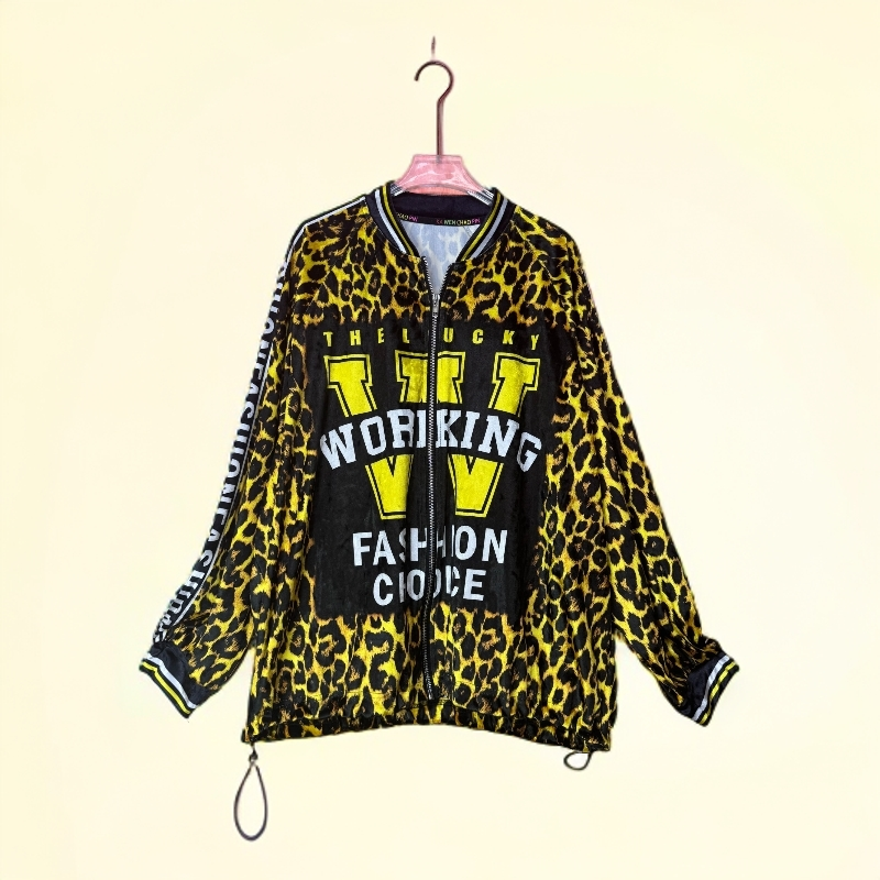 【依凡】潮牌轻奢钻石绒休闲宽松显瘦百搭中长印花长袖豹纹夹克068