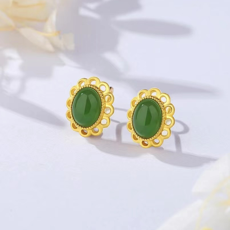 【质检发货】【XH18K】镂空碧玉简约耳钉送妈妈