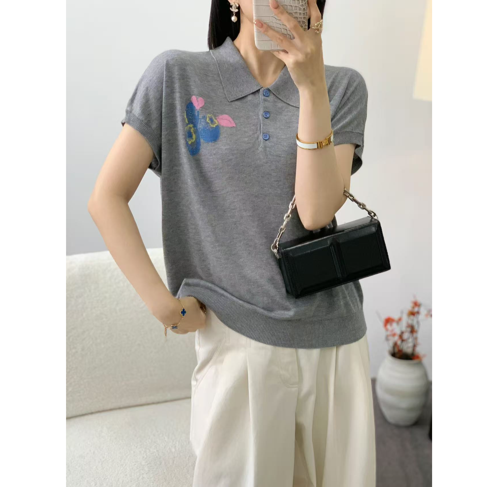 B990【线下同款】莱赛尔纤维~高定！夏季蓝莓提花POLO领女针织衫