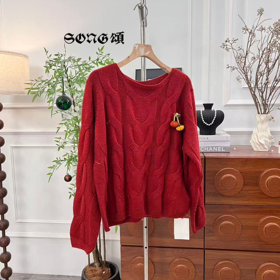 SONG頌  冬季红色小一字领羊绒羊毛慵懒风宽松百搭毛衣女-0034